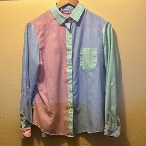 Pink and Blue Casual Button Down Shirt with Color-Blocking Design